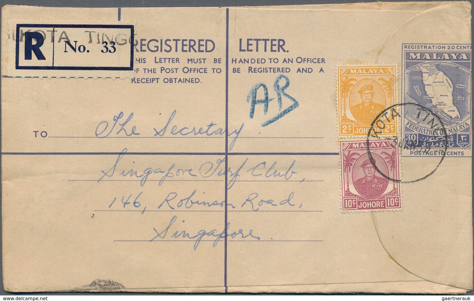 Malaiische Staaten - Johor: 1950's (c.): More Than 270 Malay Postal Stationery Registered Envelopes - Johore