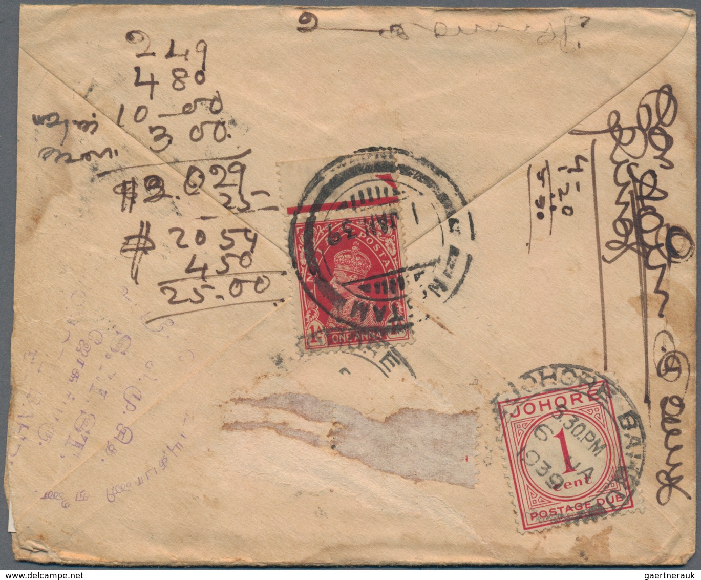 Malaiische Staaten - Johor-Portomarken: 1938 Postage Due 1c. Carmine On Three Insuff. Franked Covers - Johore