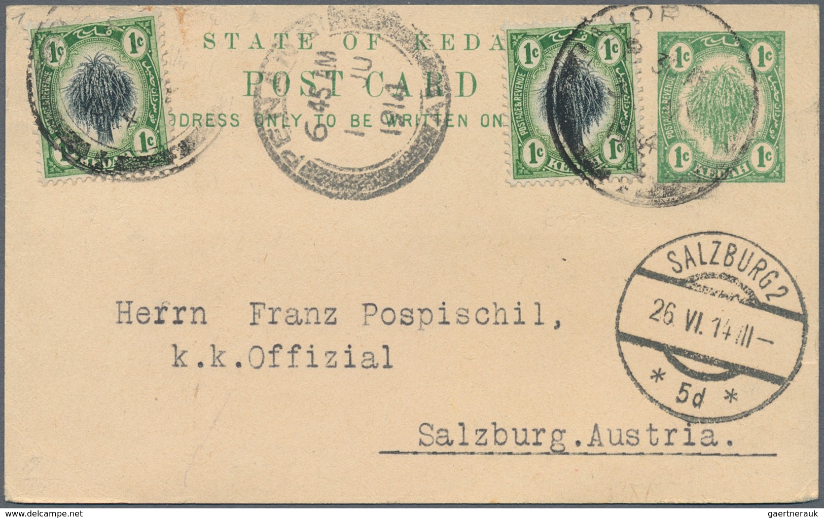 Malaiische Staaten - Kedah: 1912-20's: Group Of 13 Postal Stationery Cards And Registered Envelopes, - Kedah