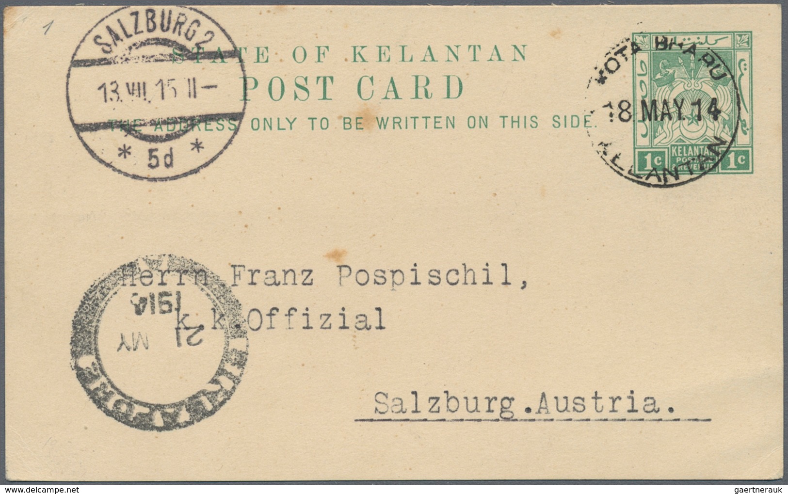 Malaiische Staaten - Kelantan: 1910-20's: Group Of 9 Postal Stationery Cards And Registered Envelope - Kelantan