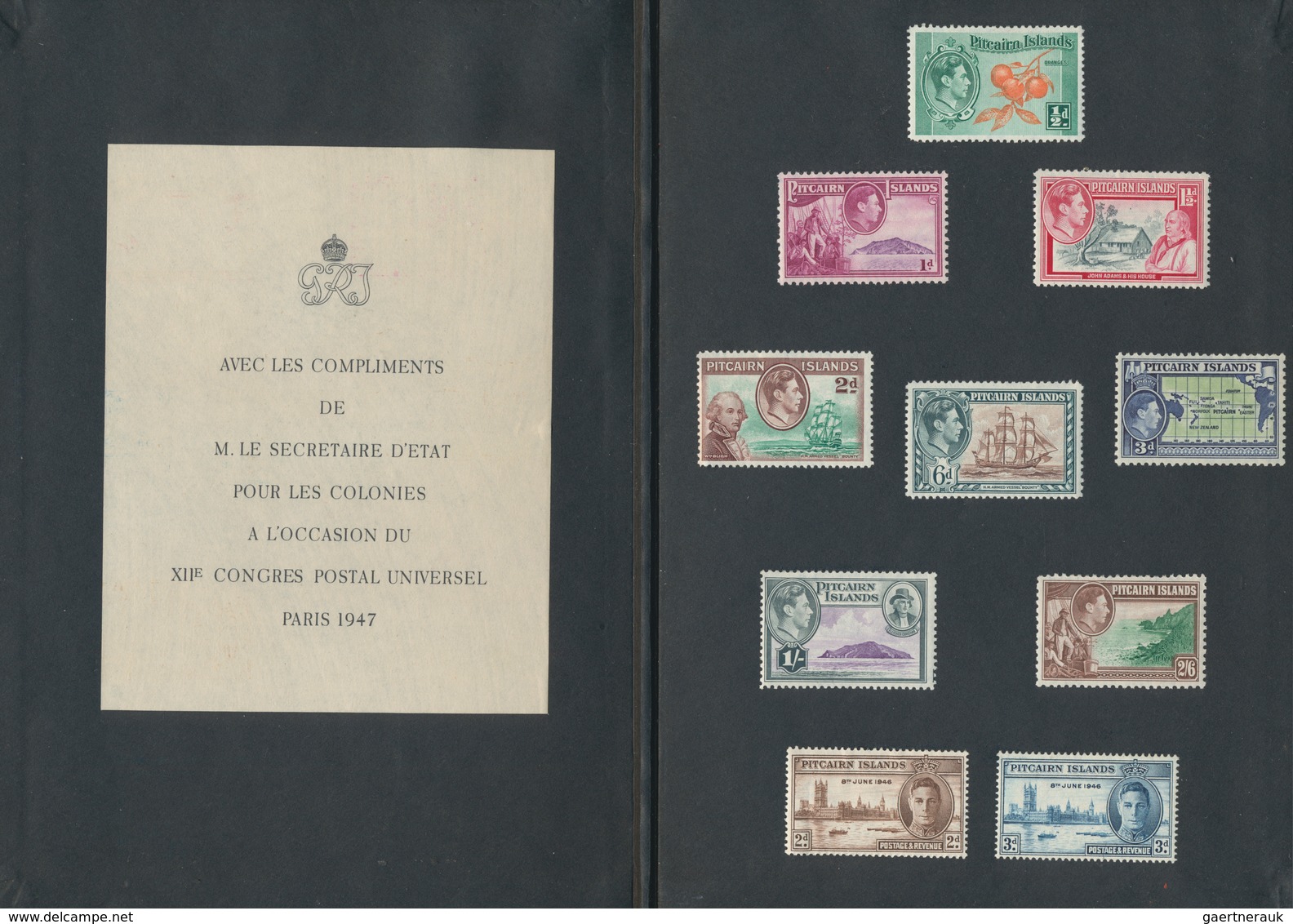 Pitcairn: 1947 'UPU Congress Paris 1947' Presentation Booklet With Ten Mint Stamps Adhered, With Set - Pitcairn Islands