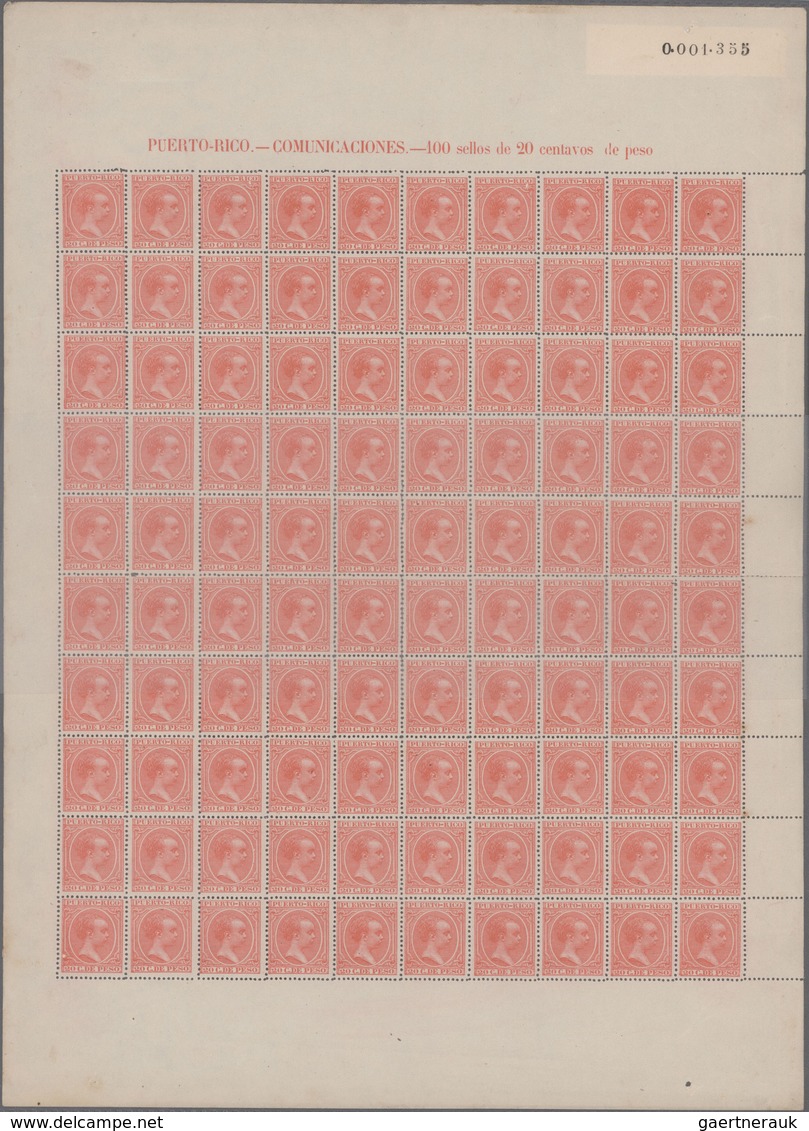 Puerto Rico: 1890/1898, King Alfons XIII., Ten Values In Complete Sheets Of 100 Stamps Each Mint Nev - Puerto Rico