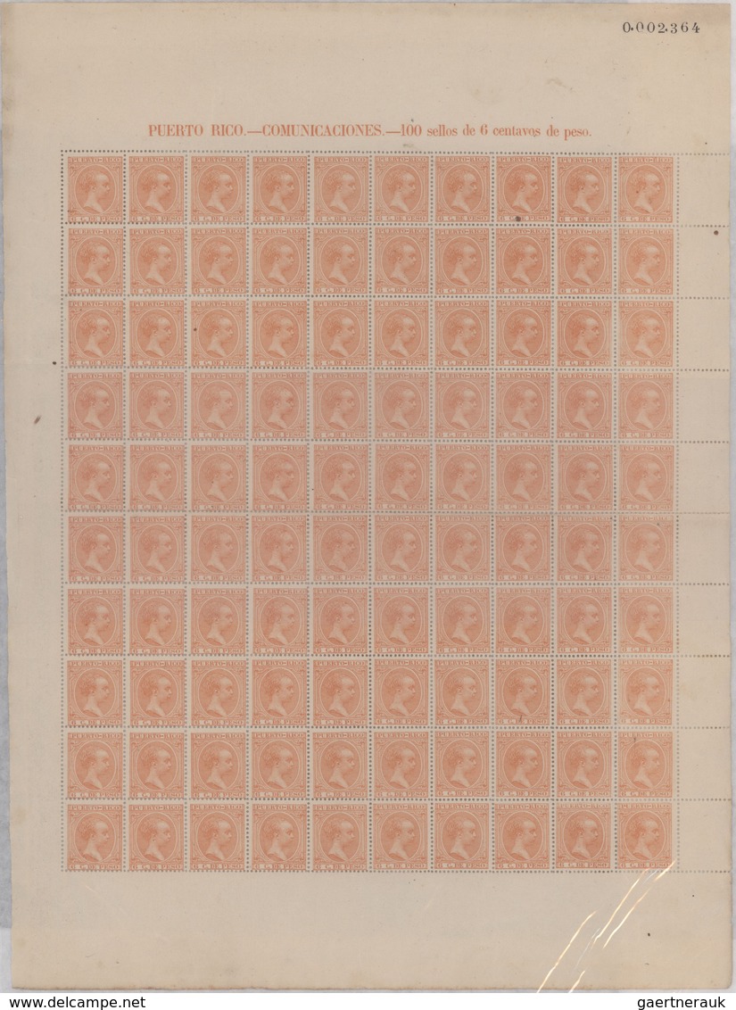 Puerto Rico: 1890/1898, King Alfons XIII., Ten Values In Complete Sheets Of 100 Stamps Each Mint Nev - Porto Rico