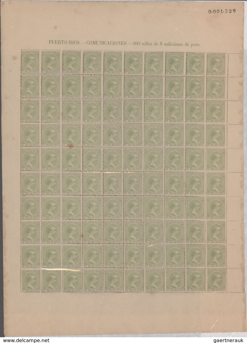 Puerto Rico: 1890/1898, King Alfons XIII., Ten Values In Complete Sheets Of 100 Stamps Each Mint Nev - Porto Rico