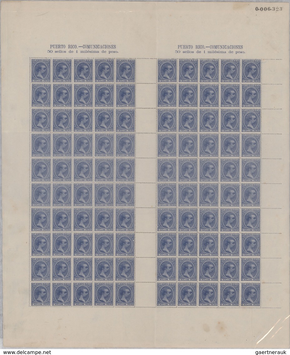 Puerto Rico: 1890/1898, King Alfons XIII., ten values in complete sheets of 100 stamps each mint nev