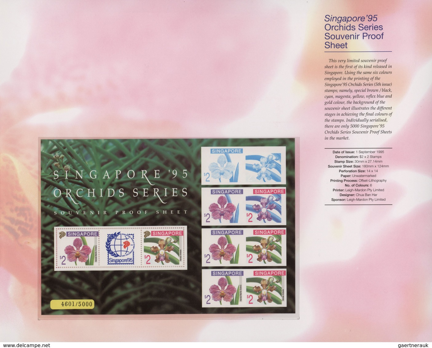 Singapur: 1995 Group Of 20 'Orchids' Miniature Sheet In Larger Size With Proofs Of The Orchid Stamp - Singapore (...-1959)