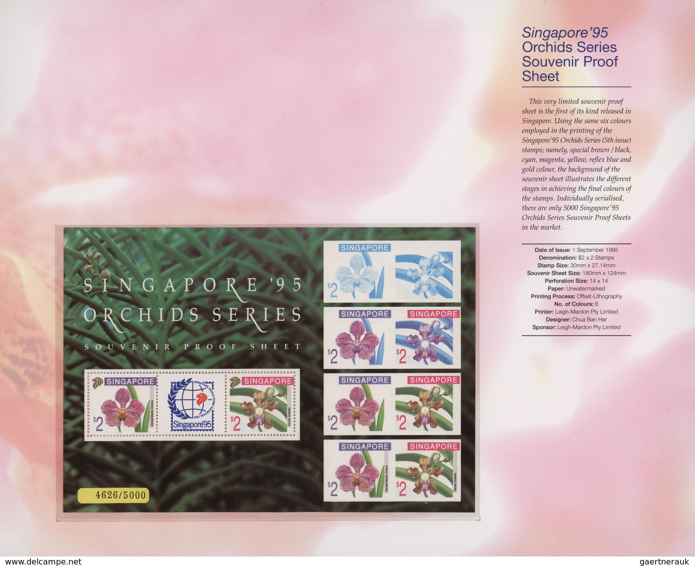 Singapur: 1995 Group Of 10 'Orchids' Miniature Sheet In Larger Size With Proofs Of The Orchid Stamp - Singapur (...-1959)