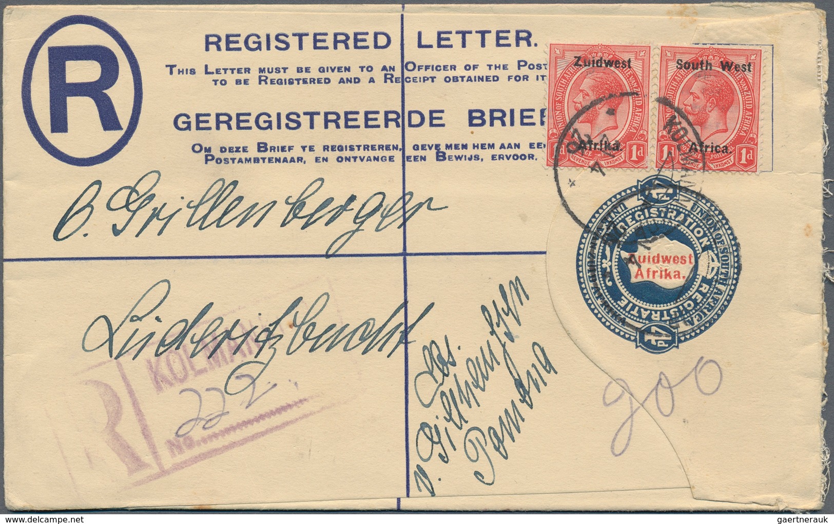 Südwestafrika: 1923/1928, 15 used registered letter stationary envelopes (Higgins & Gage ex no. 3/11