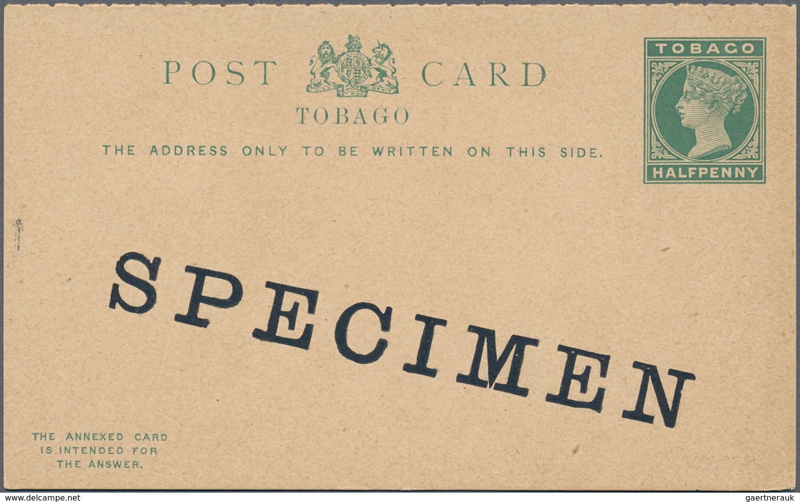 Tobago: From 1892 On. Lot Of 11 Entires Of Which 8 Are SPECIMEN. Diversity: Cards And Reply Cards, R - Trinidad & Tobago (1962-...)