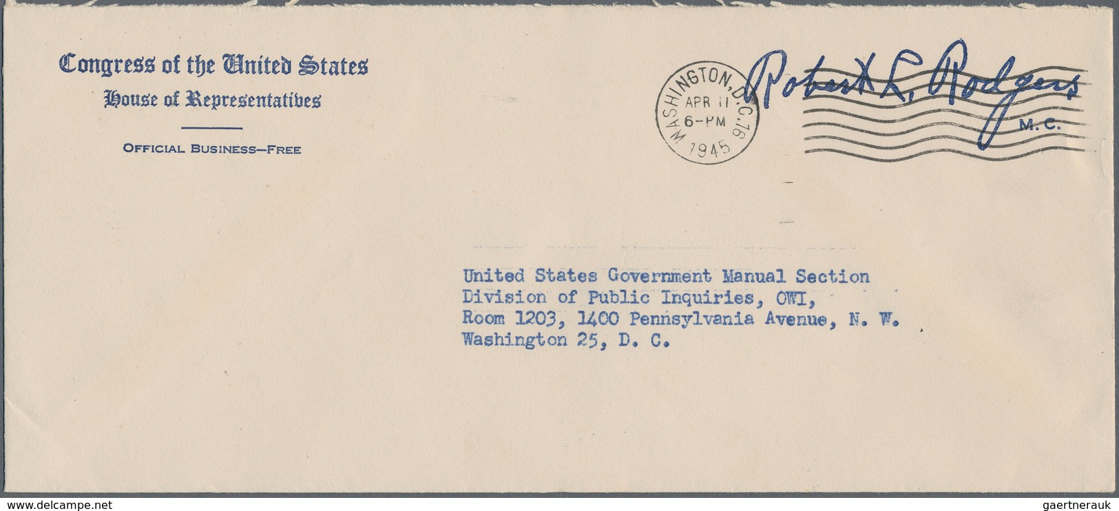 Vereinigte Staaten Von Amerika: 1943 - 1947, Pre-printed Envelopes Of The House Of Representatives ( - Covers & Documents