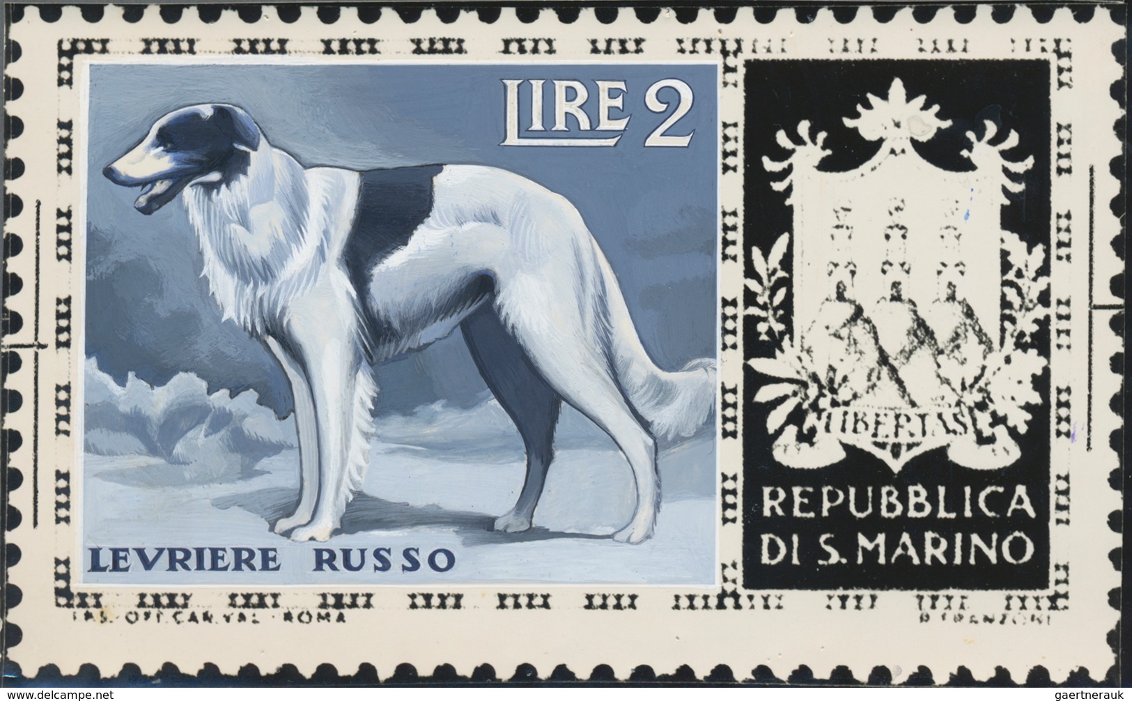 Thematik: Tiere-Hunde / Animals-dogs: 1956, San Marino, 2lire "Russian Greyhound", Two Photographic - Chiens