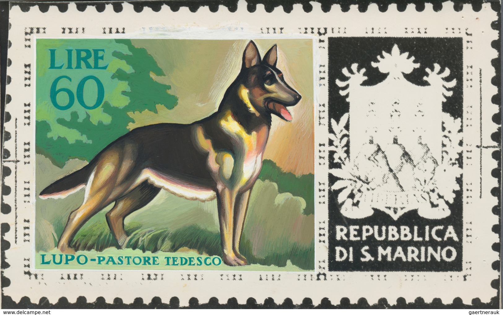 Thematik: Tiere-Hunde / Animals-dogs: 1956, San Marino, 60lire "German Shepherd", Two Photographic B - Chiens