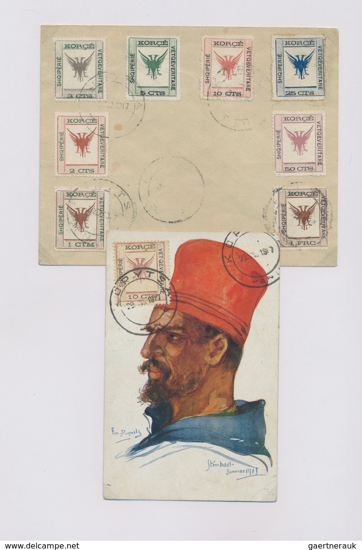Albanien - Lokalausgaben: KORCE, 1914/1920, Valuable Collection With Ca.40 Stamps And 6 Covers/cards - Albania