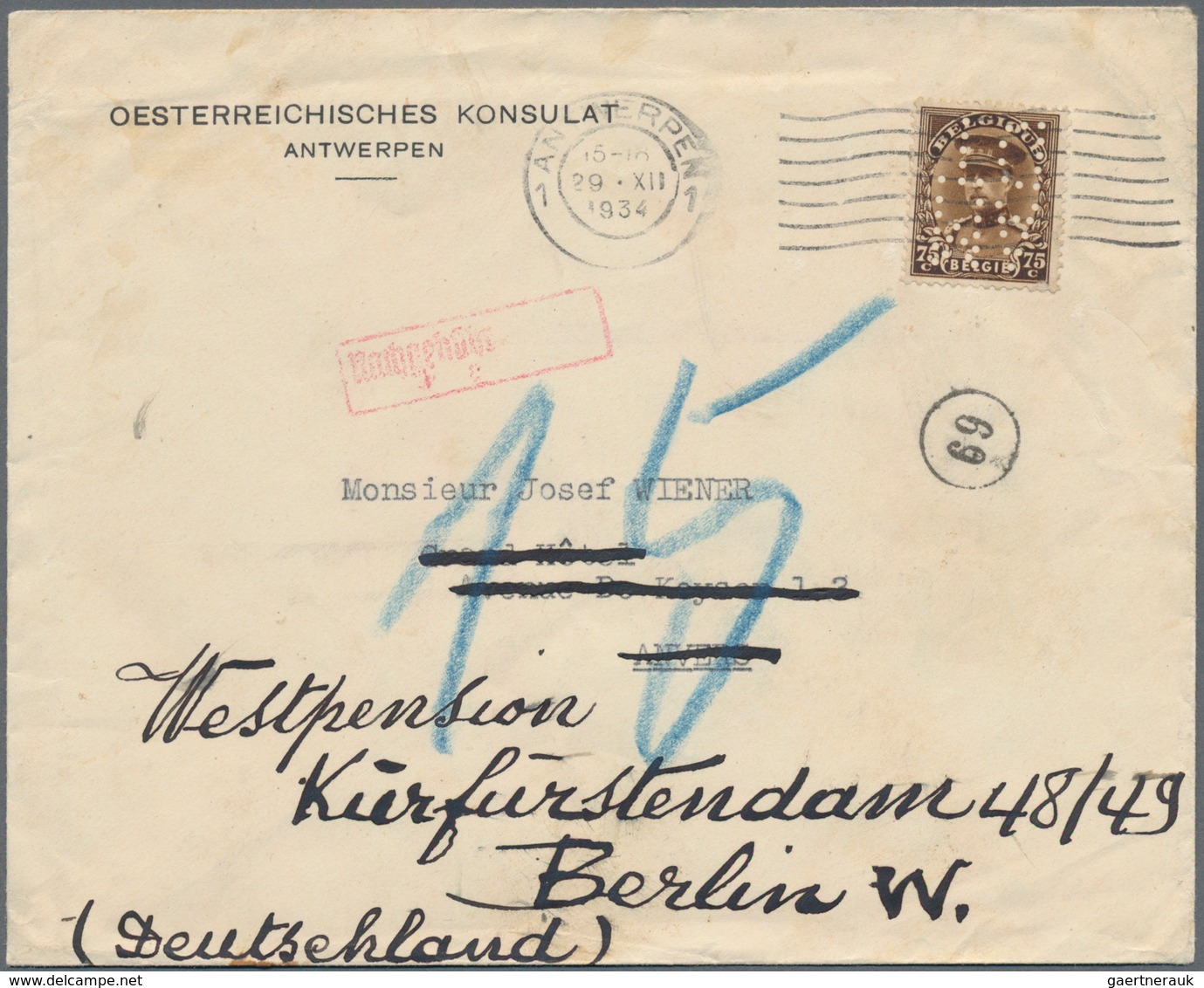 Belgien: 1866/1960 holding of ca. 280 letters, cards and postal stationery, incl. registered mail, g