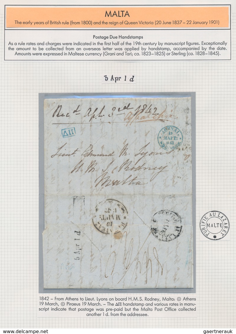 Malta - Vorphilatelie: 1838/1865, comprehensive collection with ca.35 entires on exhibition pages, c