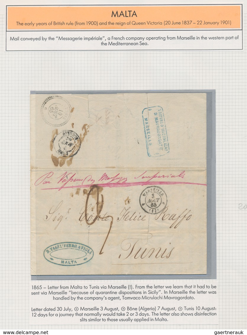 Malta - Vorphilatelie: 1838/1865, comprehensive collection with ca.35 entires on exhibition pages, c