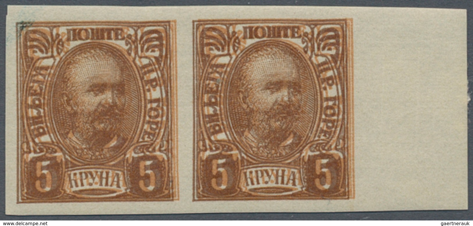 Montenegro: 1902/1917, Assembly Of Ca.70 Stamps, Comprising 5 K Brown (SG #110 Var) Imperforated Pai - Montenegro