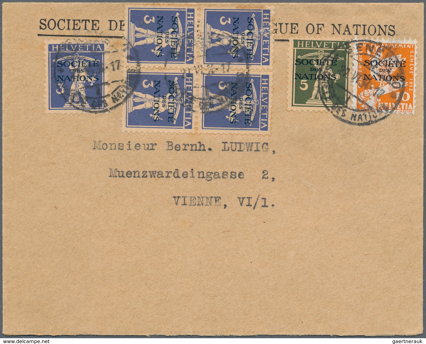 Schweiz - Völkerbund (SDN): 1922/1946, Lot von 17 Bedarfsbelegen, dabei drei Einschreibebriefe je mi