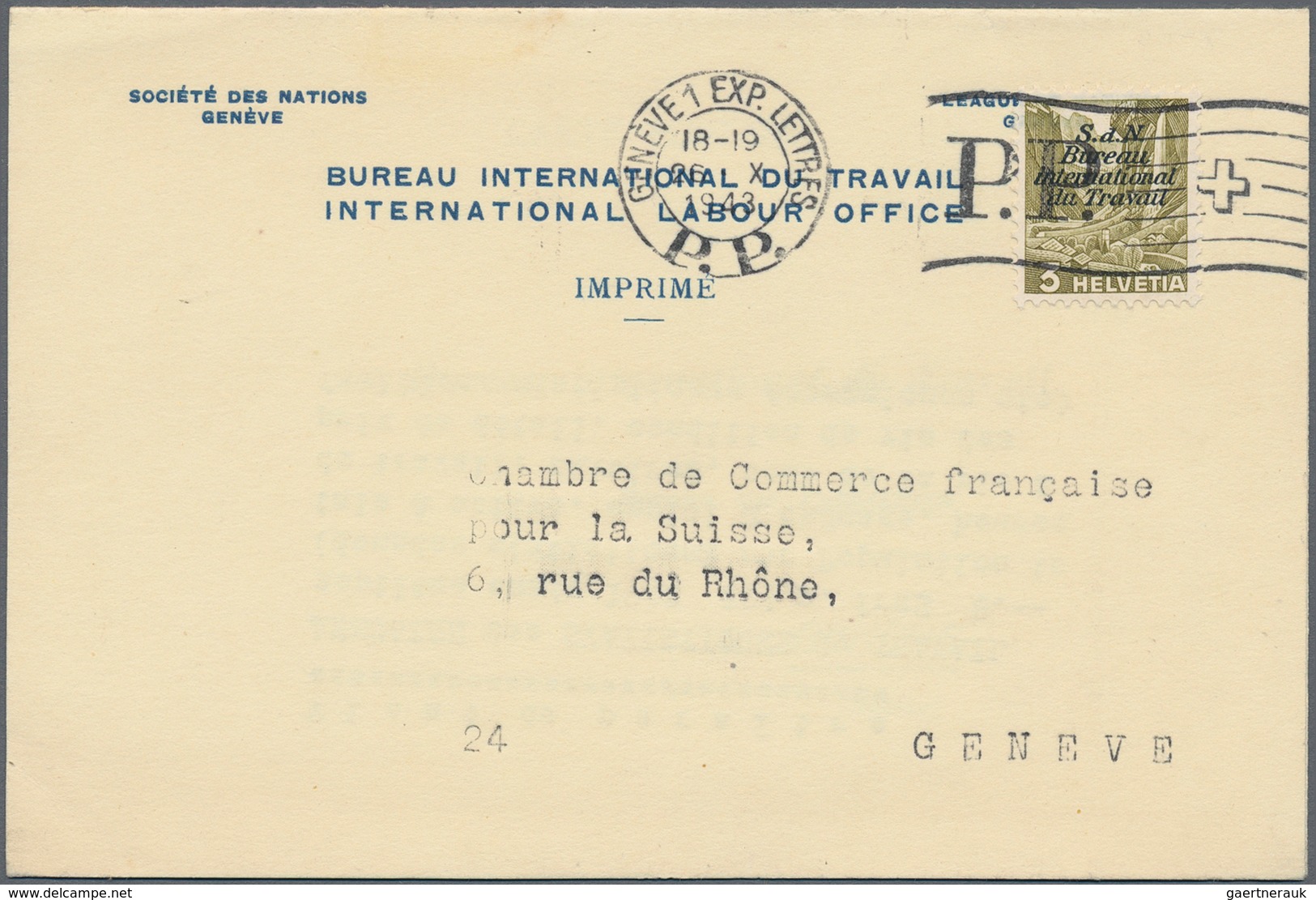 Schweiz - Internationales Arbeitsamt (BIT/ILO): 1923/1943, Lot Von Fünf Bedarfsbelegen, Dabei MiNr. - Autres & Non Classés