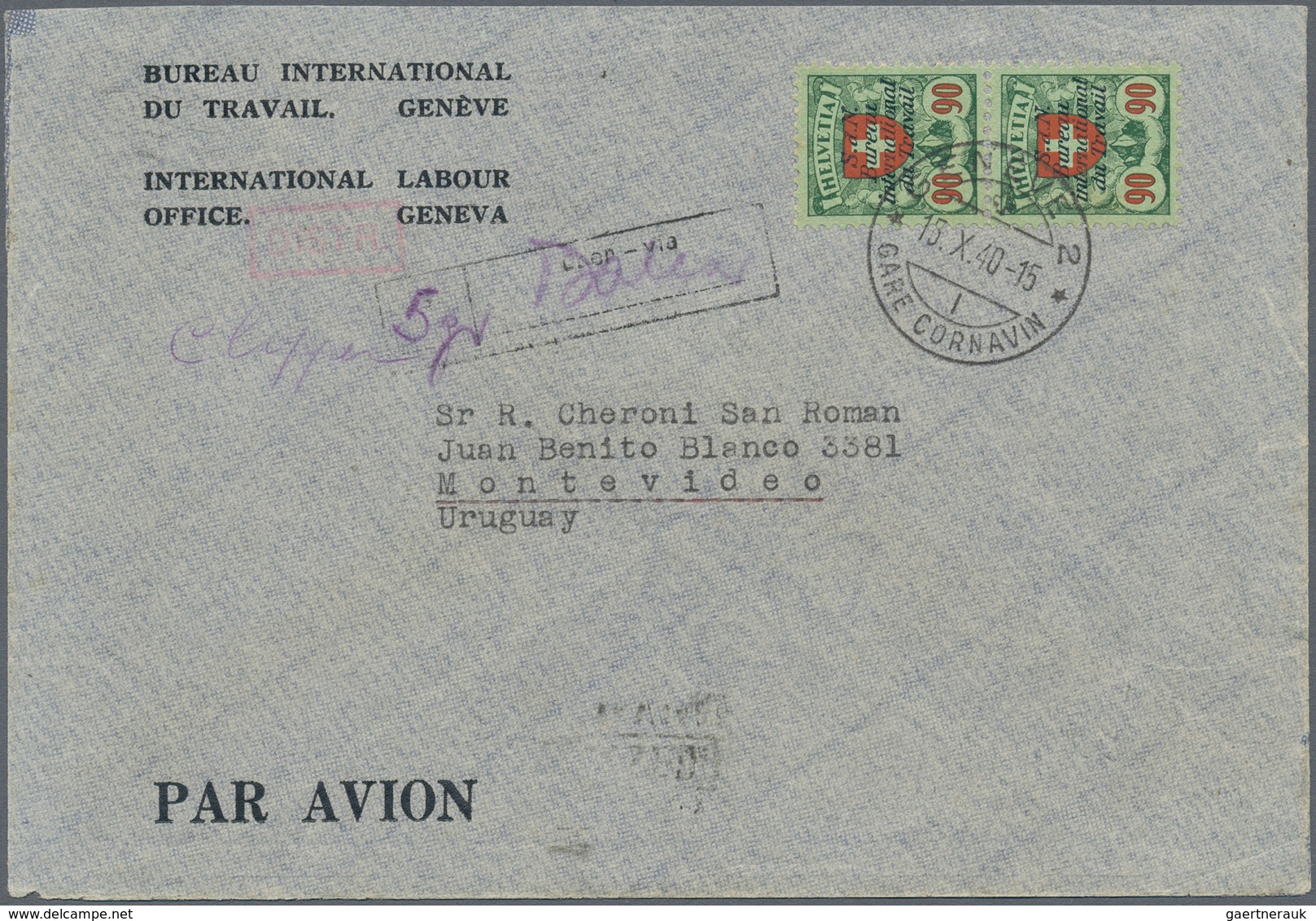 Schweiz - Internationales Arbeitsamt (BIT/ILO): 1923/1943, Lot Von Fünf Bedarfsbelegen, Dabei MiNr. - Autres & Non Classés