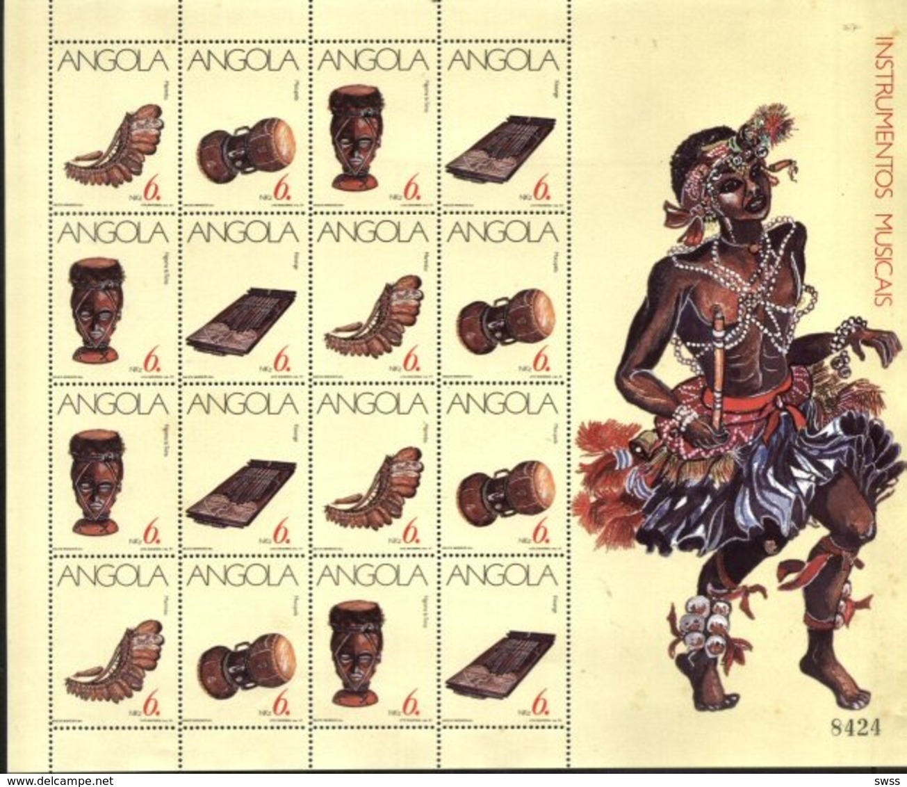 ANGOLA, 1991, MUSICAL INSTRUMENTS, R#242-45, YV#820-23, MS, MNH - Angola