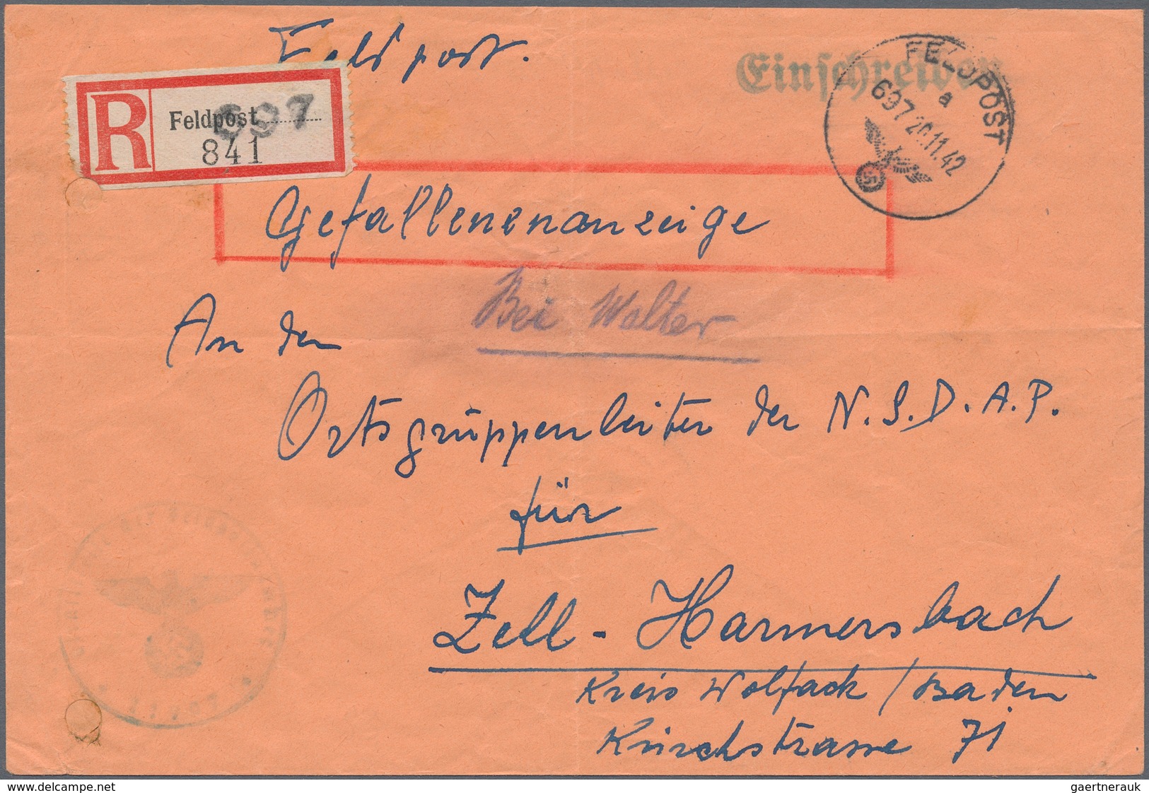 Feldpost 2. Weltkrieg: 1941/1943, Lot Von Fünf Belegen, Dabei Dreimal Norwegen, R-Brief Mit Gefallen - Autres & Non Classés