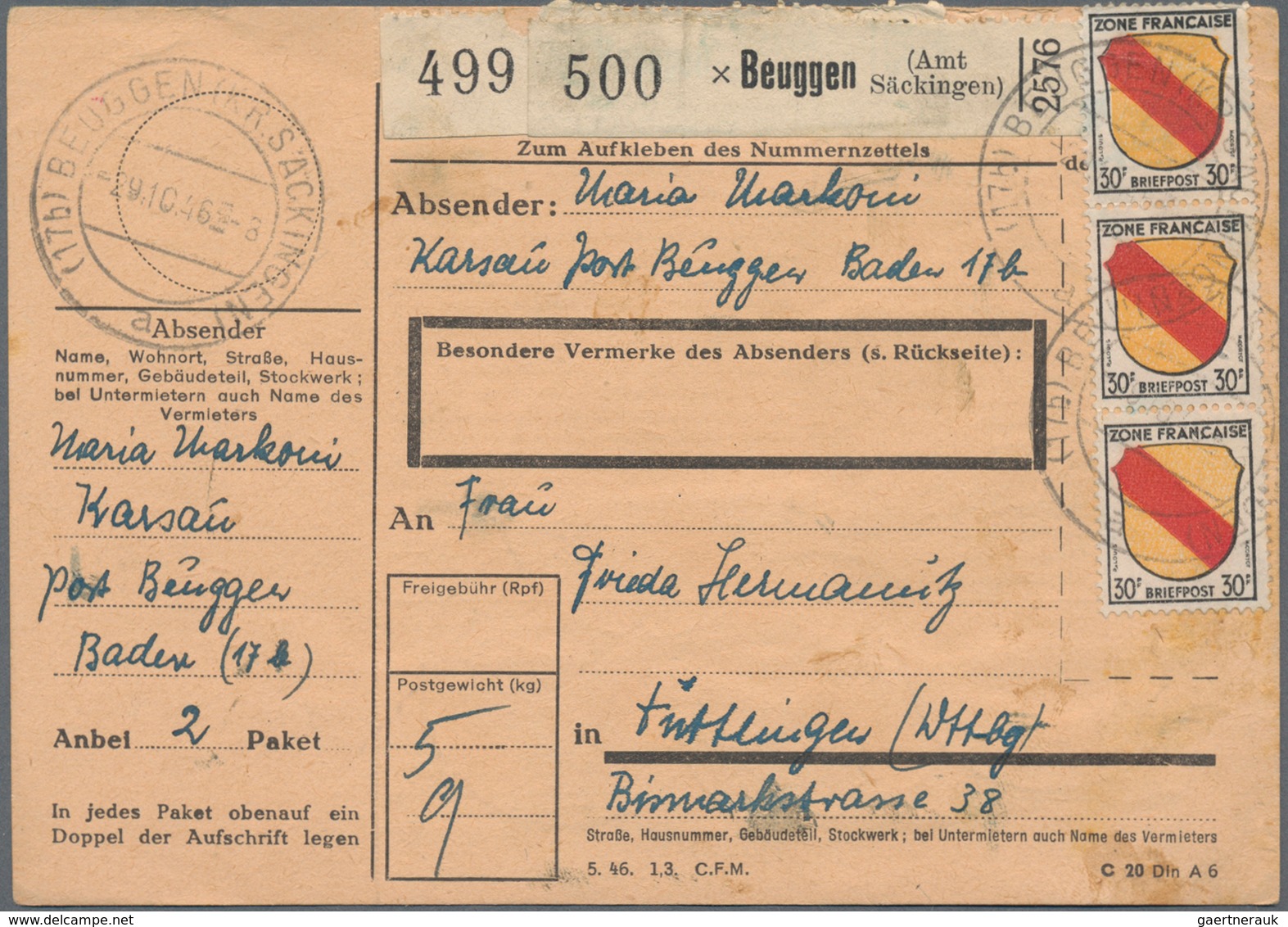 Französische Zone: 1946/1949, Partie Von 36 Belegen, Davon 23 Paketkarten(stammteile) Mit Frankature - Autres & Non Classés