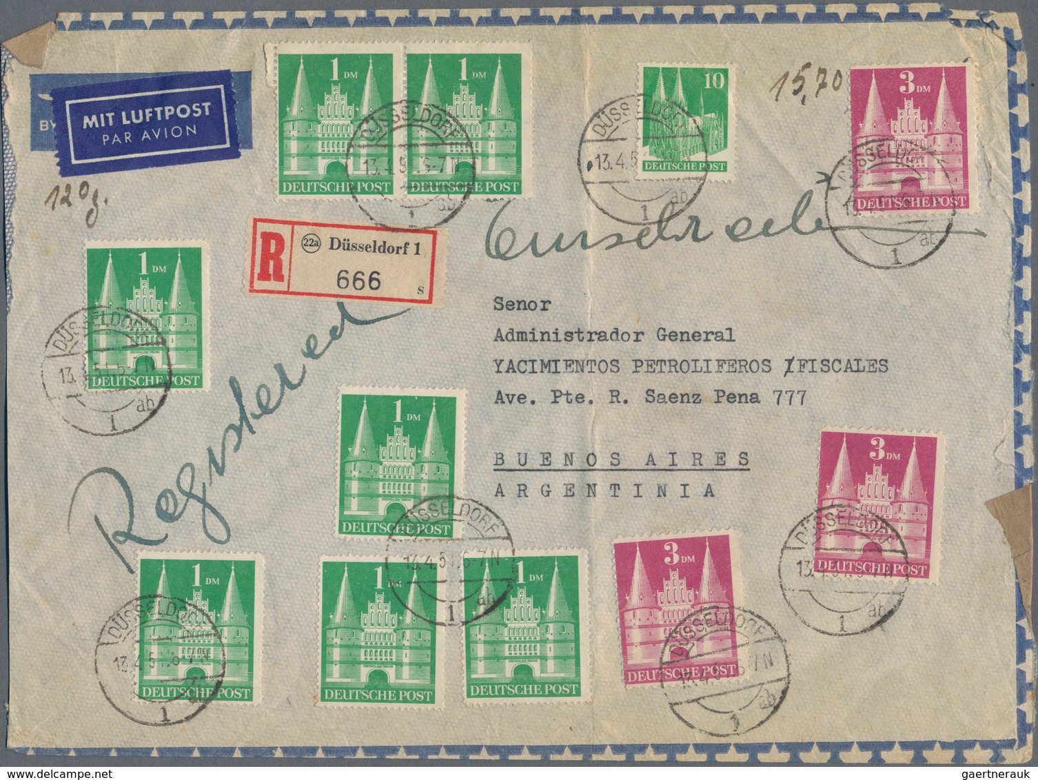 Bizone: 1950, Zwei Briefe Und Eine Briefvorderseite In Bedarfserhaltung Mit Hohen Frankaturen Bauten - Autres & Non Classés