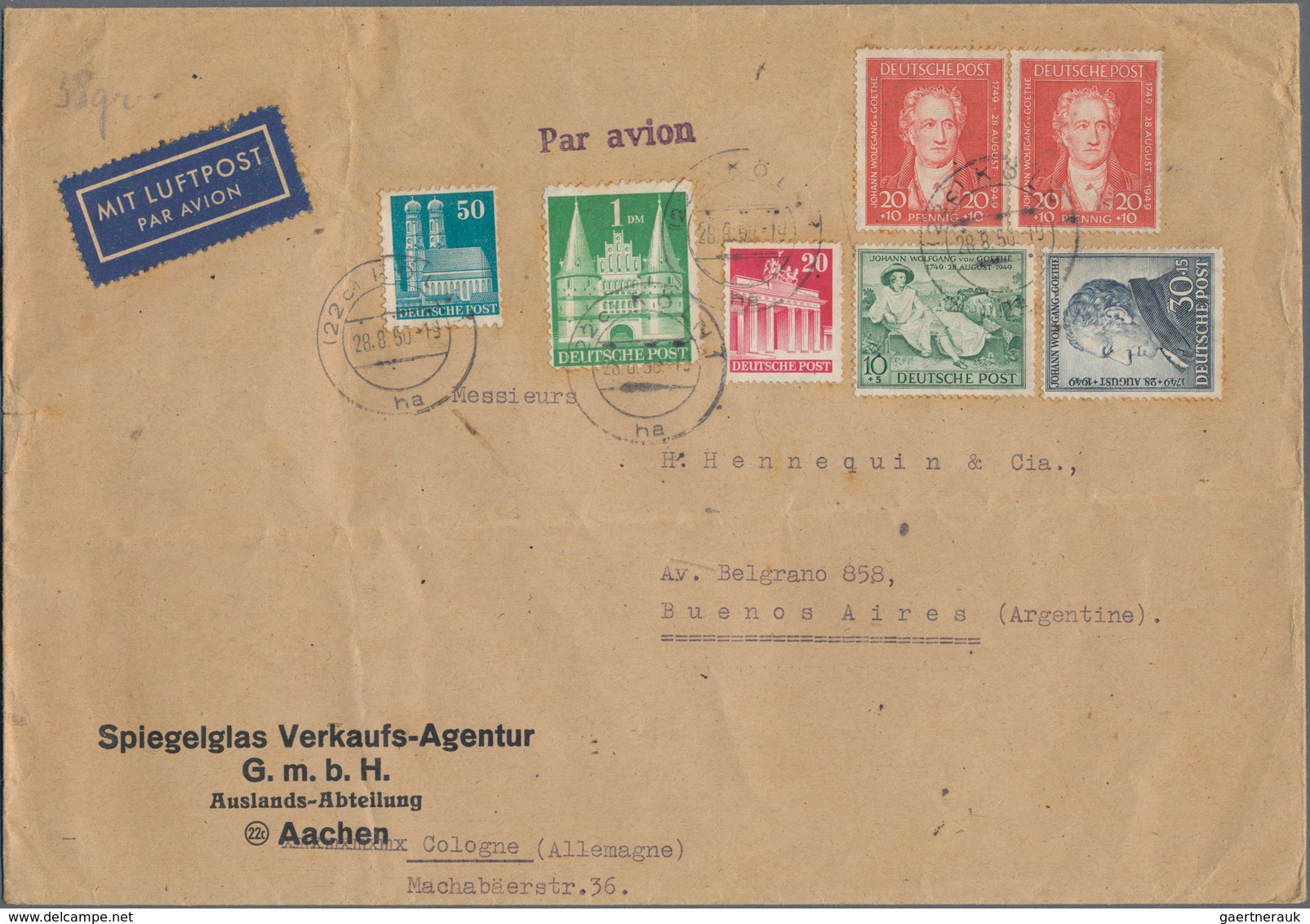 Bizone: 1950, Zwei Briefe Und Eine Briefvorderseite In Bedarfserhaltung Mit Hohen Frankaturen Bauten - Altri & Non Classificati