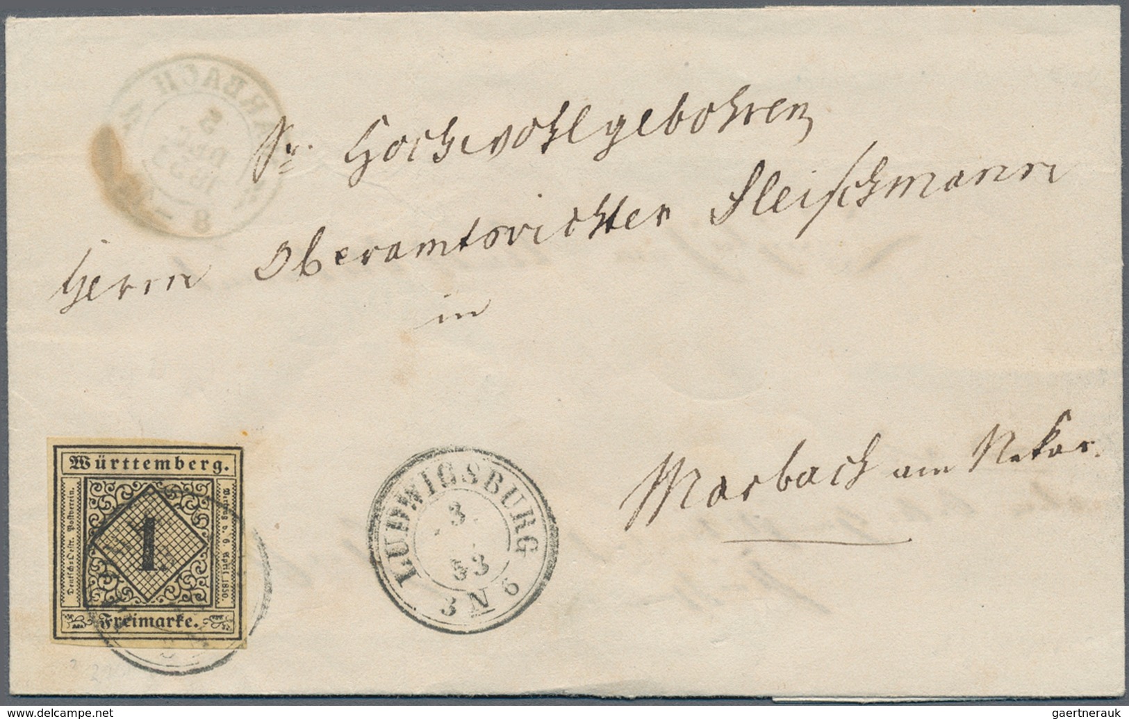 Altdeutschland: 1853/1863, Lot Von Fünf Belegen: Württemberg MiNr. 1 Auf Doppelt Verwendetem Brief, - Collections