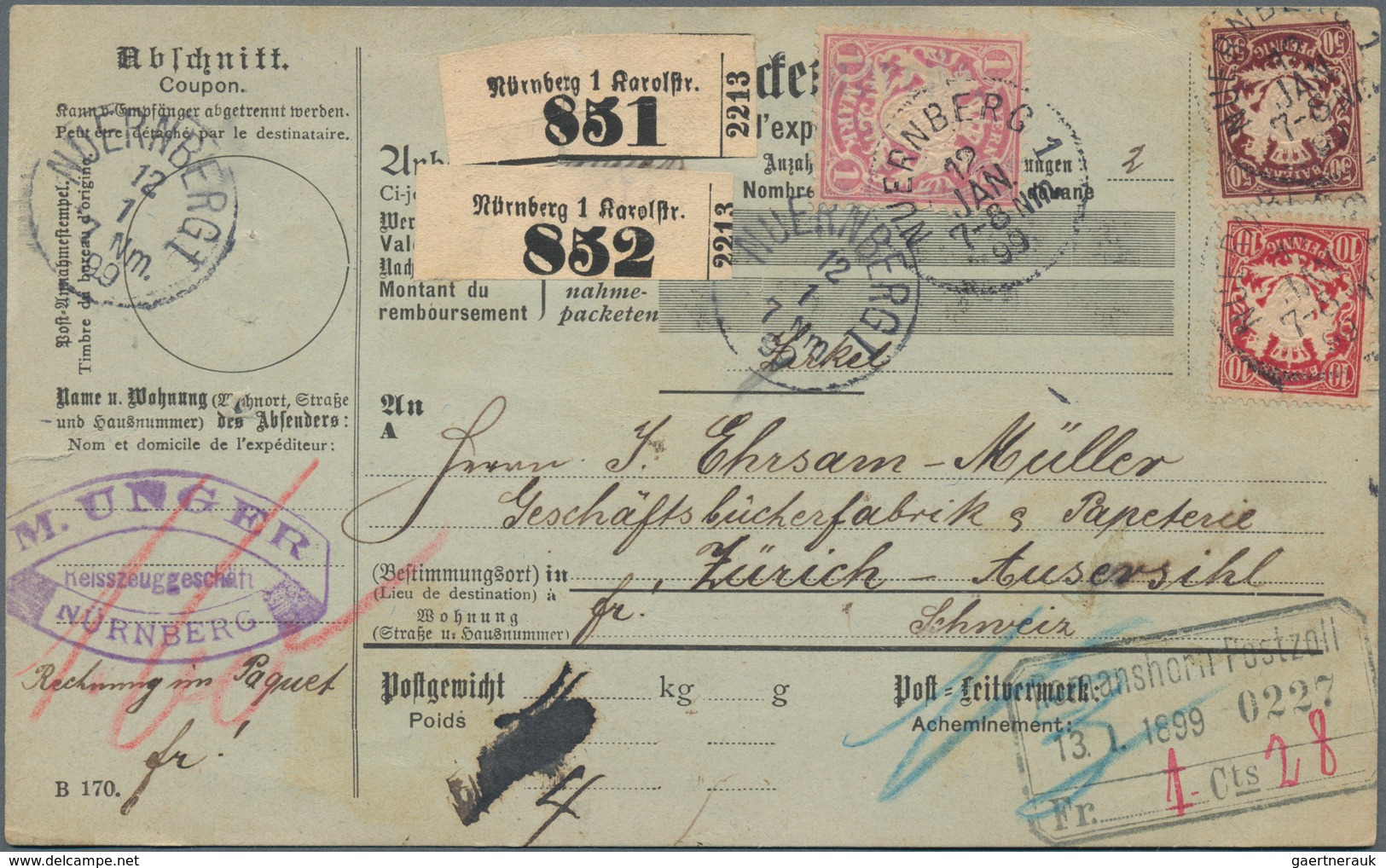 Bayern - Paketkarten: 1895/1918, Partie Von Acht Auslandspaketkarten (fünfmal Schweiz, Zweimal Türke - Autres & Non Classés