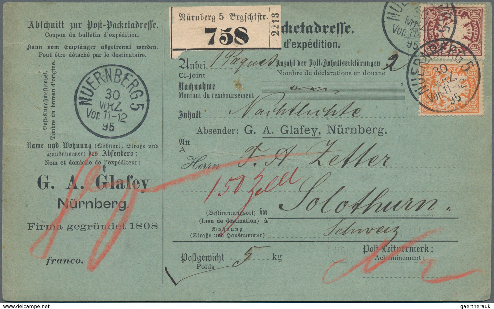 Bayern - Paketkarten: 1895/1918, Partie von acht Auslandspaketkarten (fünfmal Schweiz, zweimal Türke