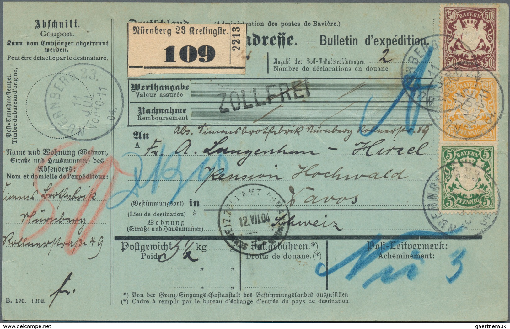 Bayern - Paketkarten: 1895/1918, Partie von acht Auslandspaketkarten (fünfmal Schweiz, zweimal Türke