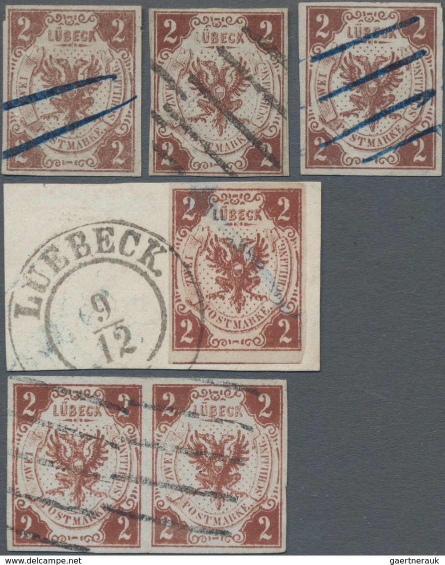 Lübeck - Marken Und Briefe: 1859, 2 Sch. Braun, Lot Von Sechs Marken, Dabei Briefstück Mit Klarem Or - Lubeck