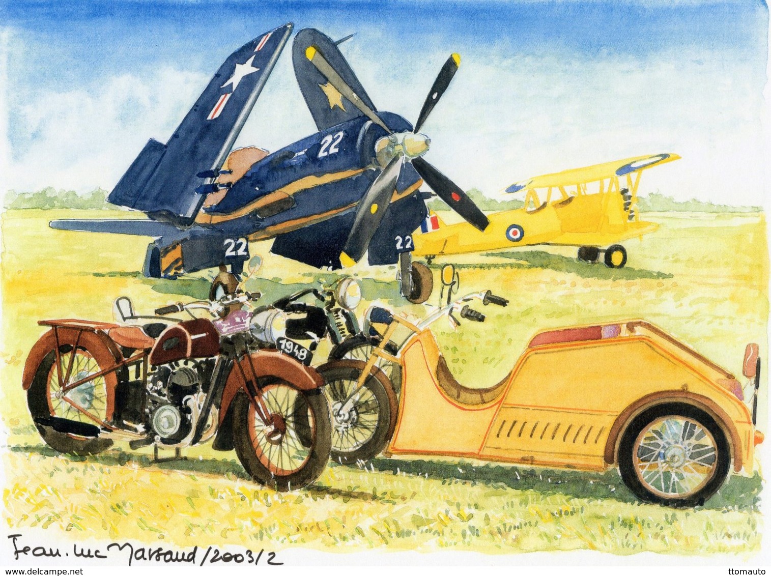 Motos Avec Avions Americaine Et Anglais -  Aquarelle Par Jean-Luc Marsaud (signé)  - (A4 30x21cms Art Print) - Motorbikes