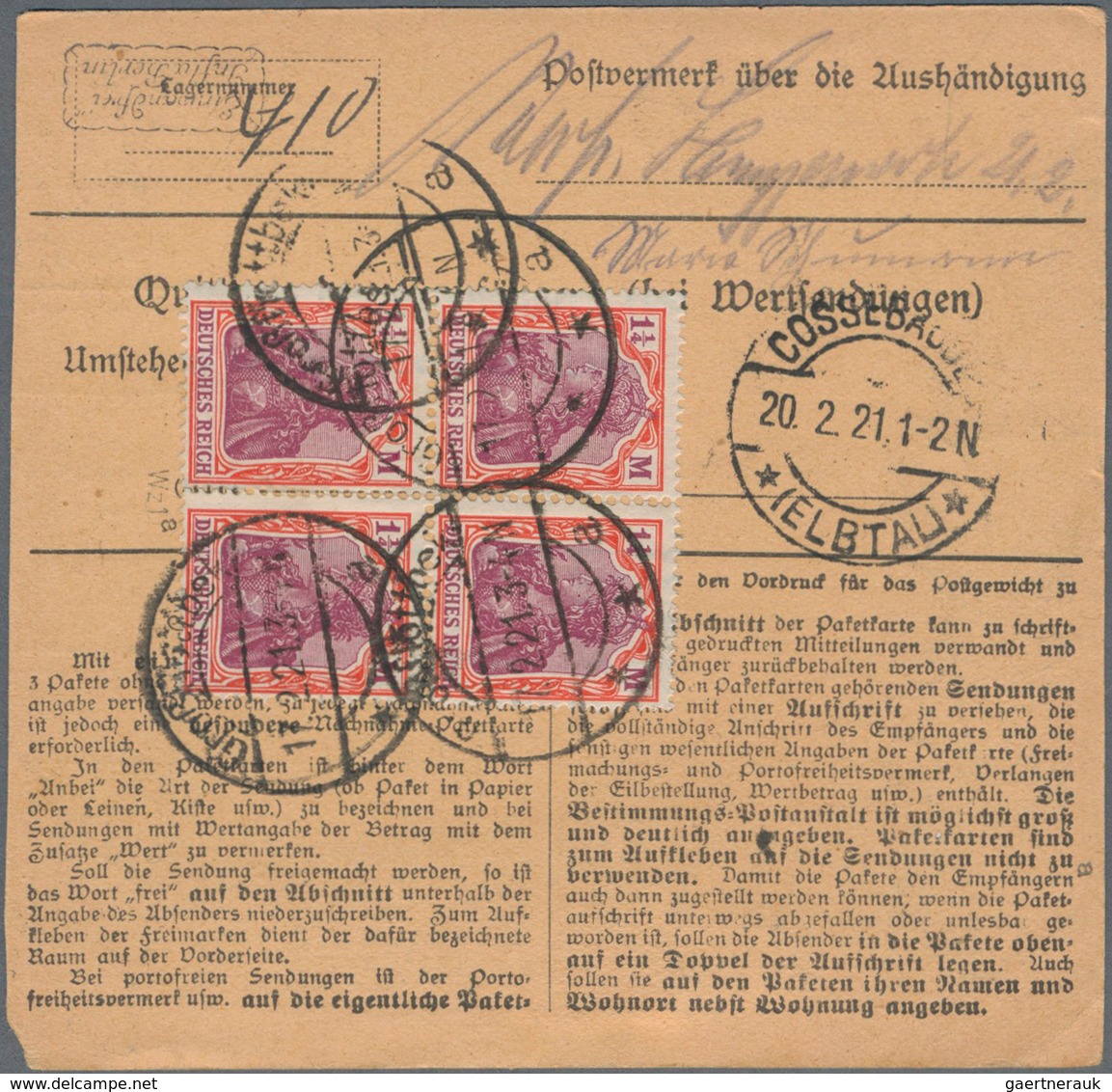 Deutsches Reich - Germania: 1919/1922 (dabei 2 Stücke Aus 1891). Lot Von 13 Meist Besseren Paketkart - Sammlungen