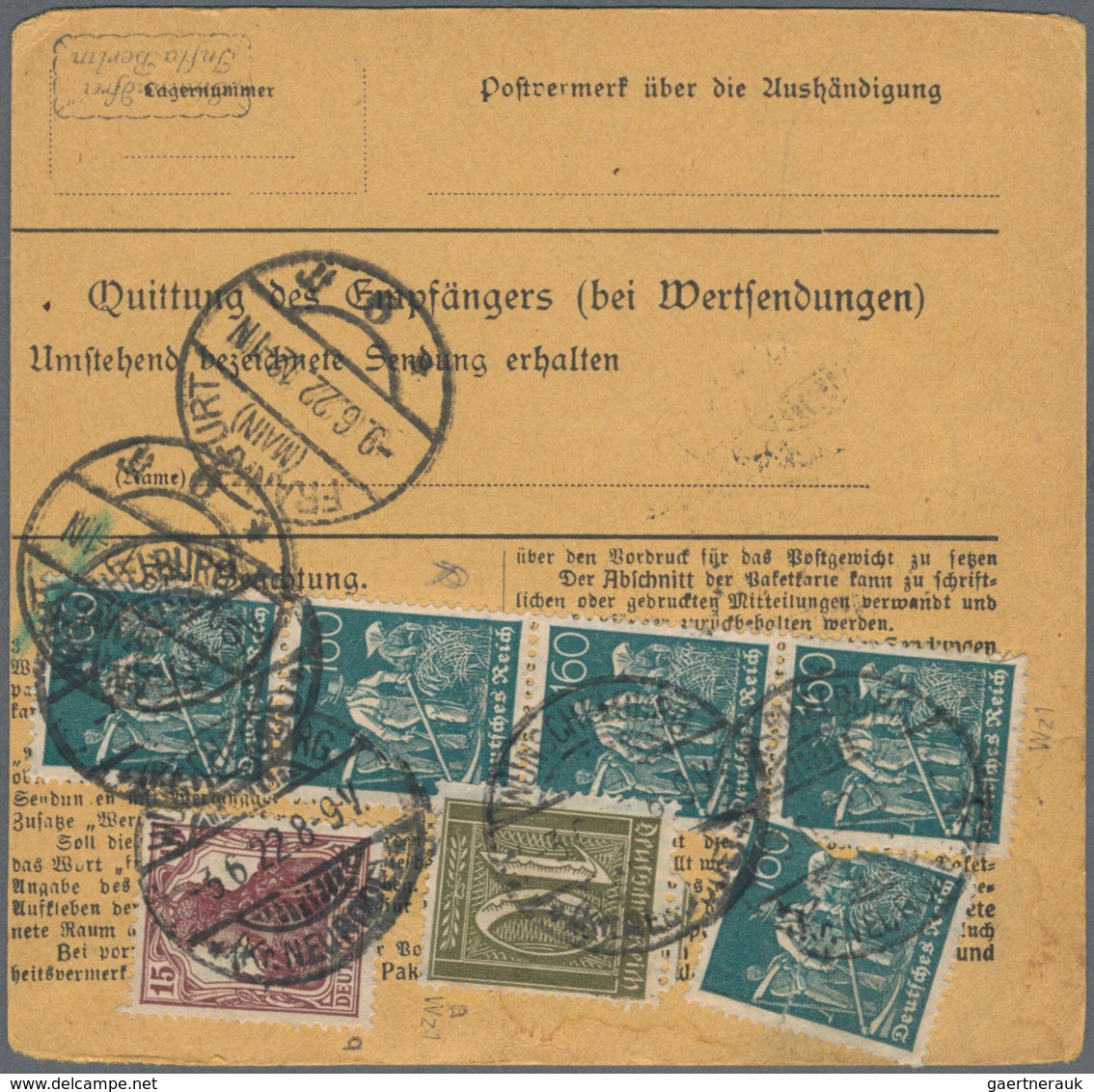 Deutsches Reich - Germania: 1919/1922 (dabei 2 Stücke aus 1891). Lot von 13 meist besseren Paketkart