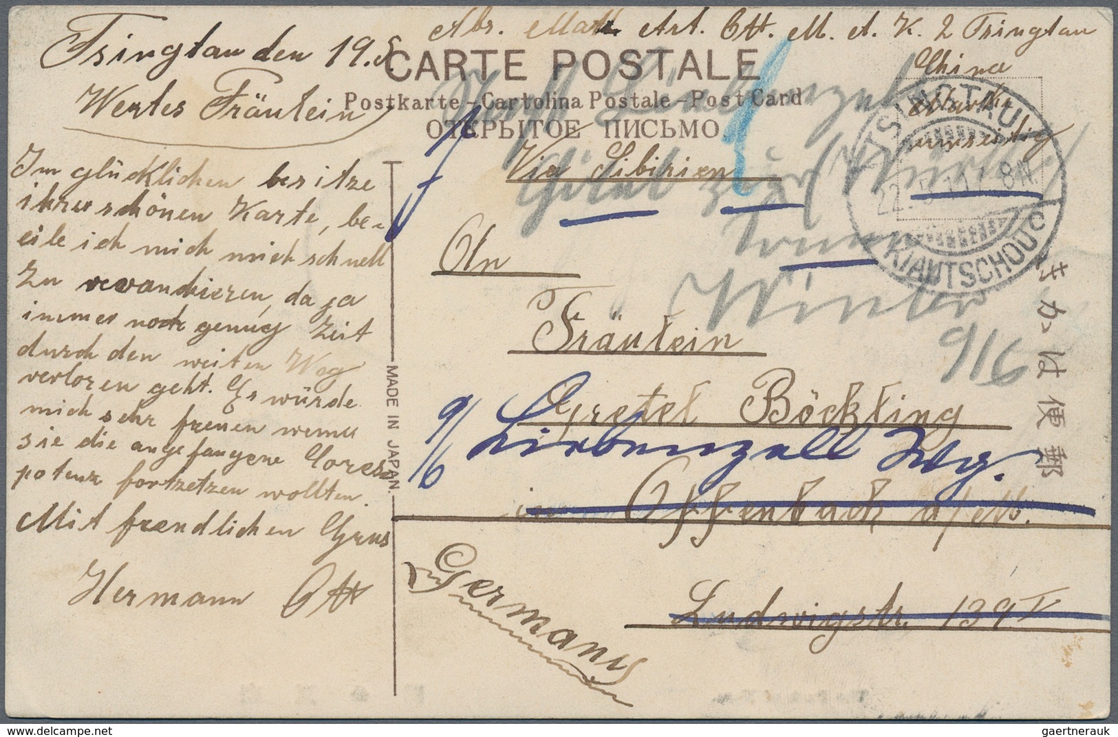 Deutsche Kolonien - Kiautschou: 1898, Brief ab "TAITUNGTSCHEN" 1910, AK (10) mit u.a. "TSINTAU" (2),