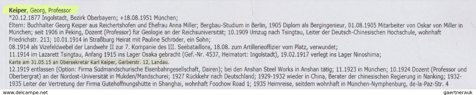 Deutsche Kolonien - Kiautschou: 1915/1920, Sammlungsbestand von 32 Belegen und Dokumenten "Kriegsgef