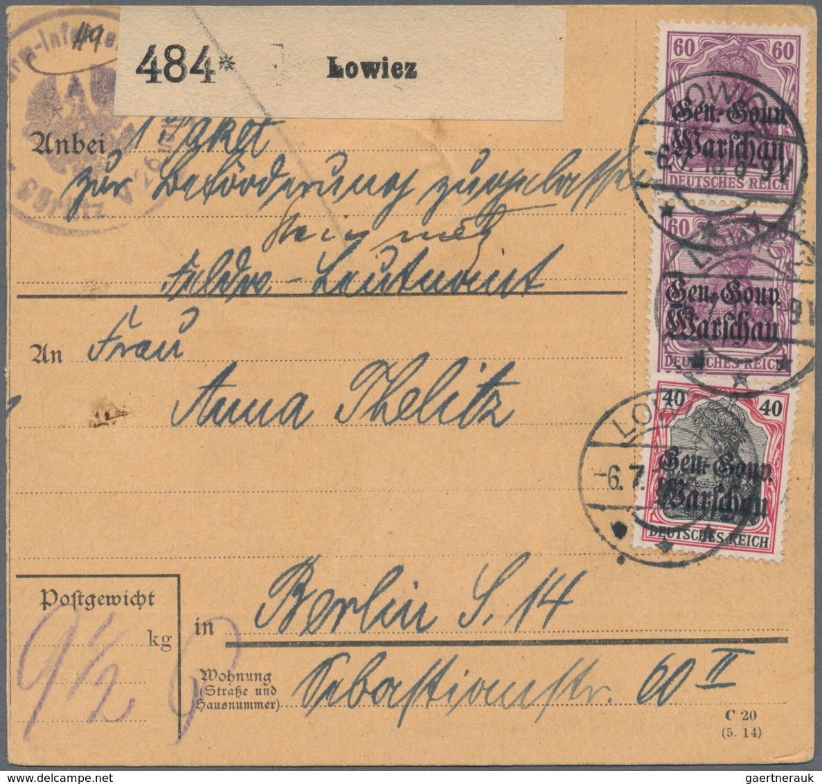 Deutsche Besetzung I. WK: Deutsche Post In Polen: 1918, Fünf Paketkarten-Stammteile Je Mit Mischfran - Besetzungen 1914-18