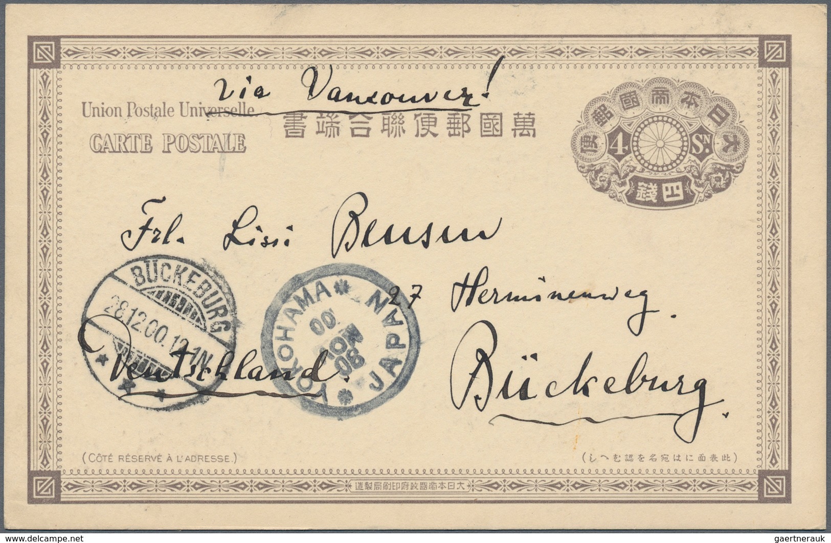 Feldpost 2. Weltkrieg: 1898, UPU Card 4 Sen Violet Brown (13), A Correspondence To Bückeburg/Germany - Autres & Non Classés