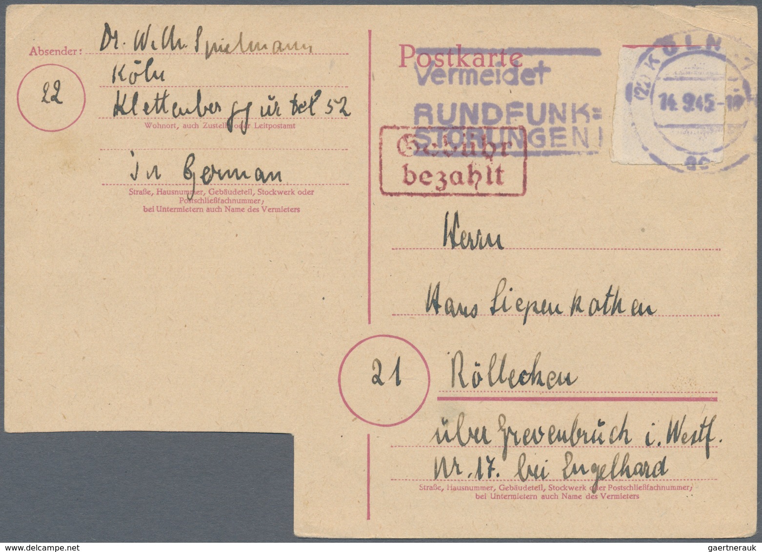 Alliierte Besetzung - Gebühr Bezahlt: 1945/1948, Rheinland/Mosel/Pfalz Plz 22, saubere Partie von ca