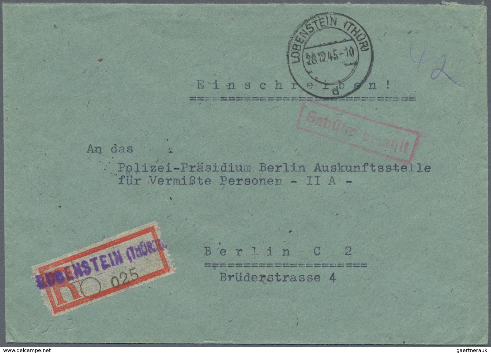 Alliierte Besetzung - Gebühr Bezahlt: Sowjetische Zone: 1945/1949, Thüringen Plz 15b, saubere Partie