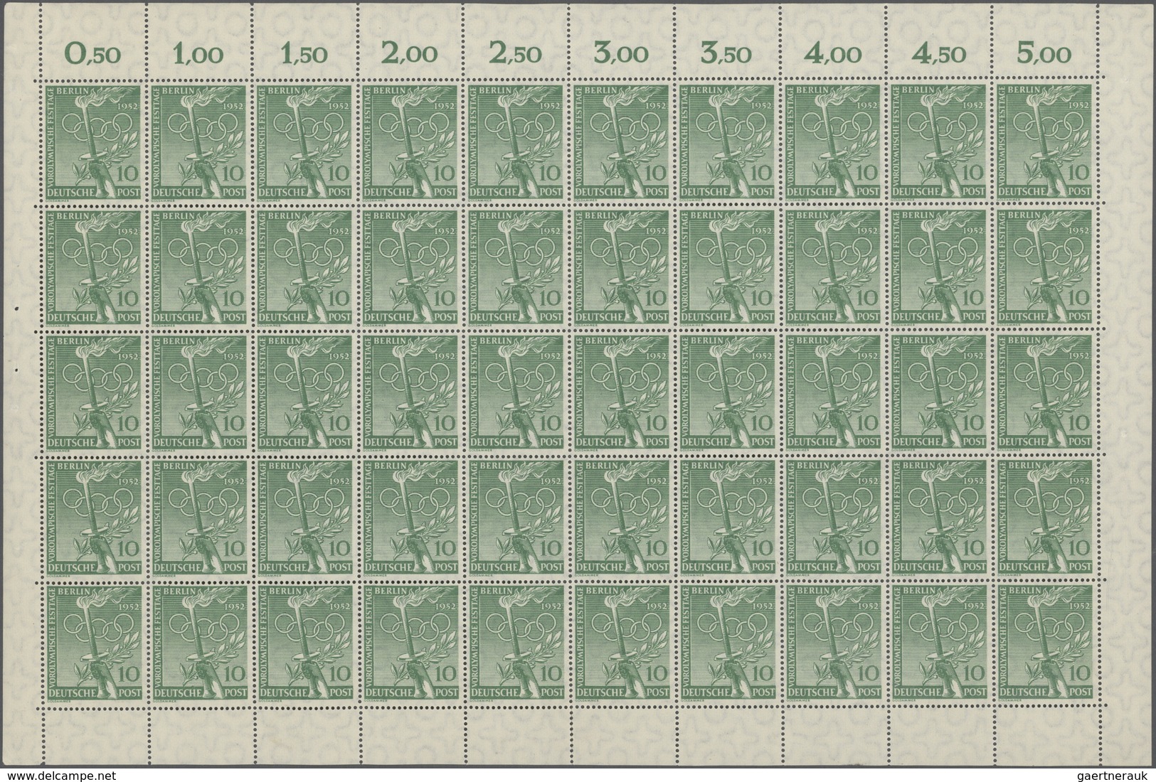 Berlin: 1952, Olympische Spiele, 2 x 50er-Bogen, je einmal oben durchgezähnt, bzw. nicht durchgezähn