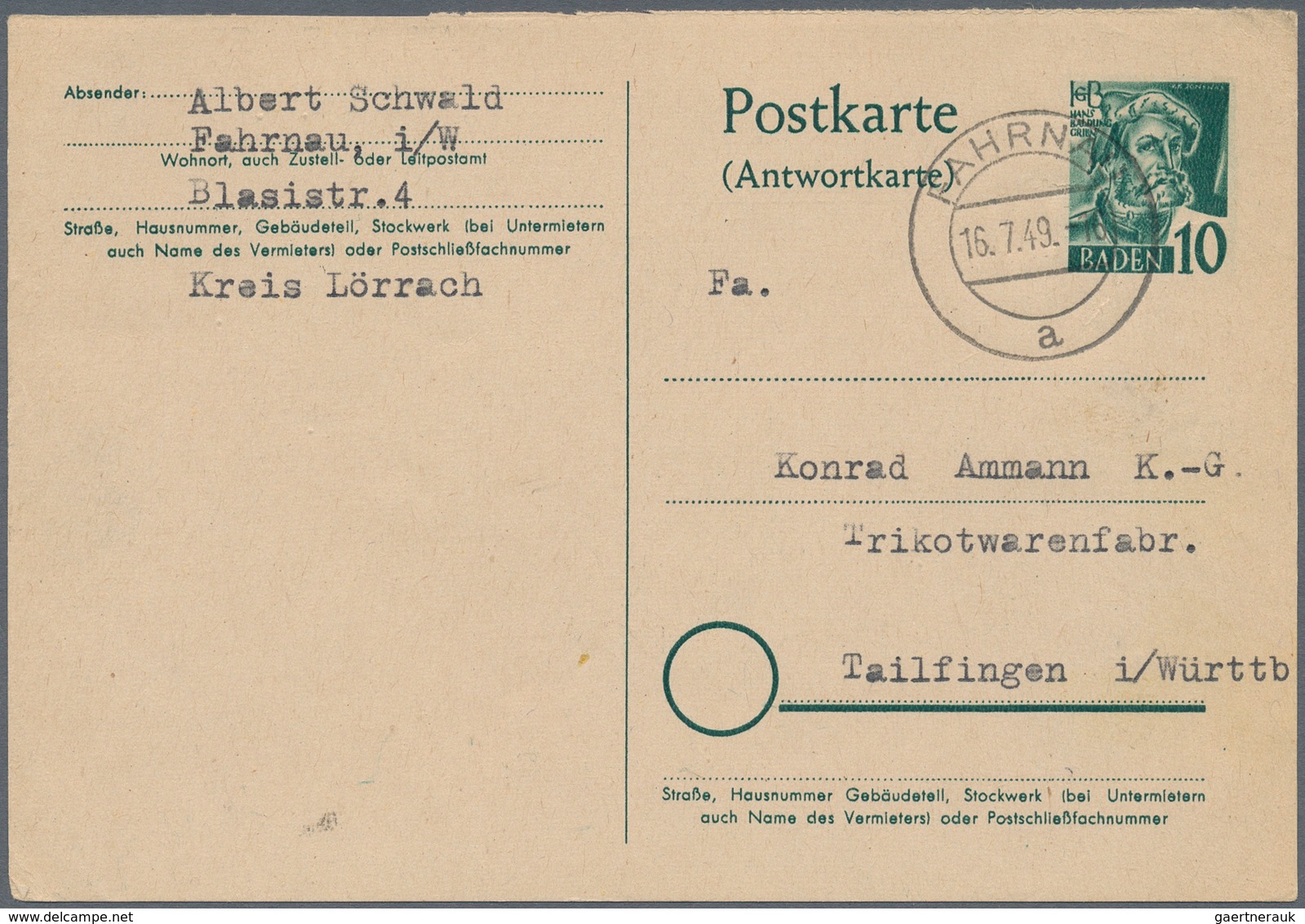 Französische Zone - Baden - Ganzsachen: 1949, Lot Von 19 Bedarfsgebrauchten Ganzsachenkarten Aller D - Sonstige & Ohne Zuordnung