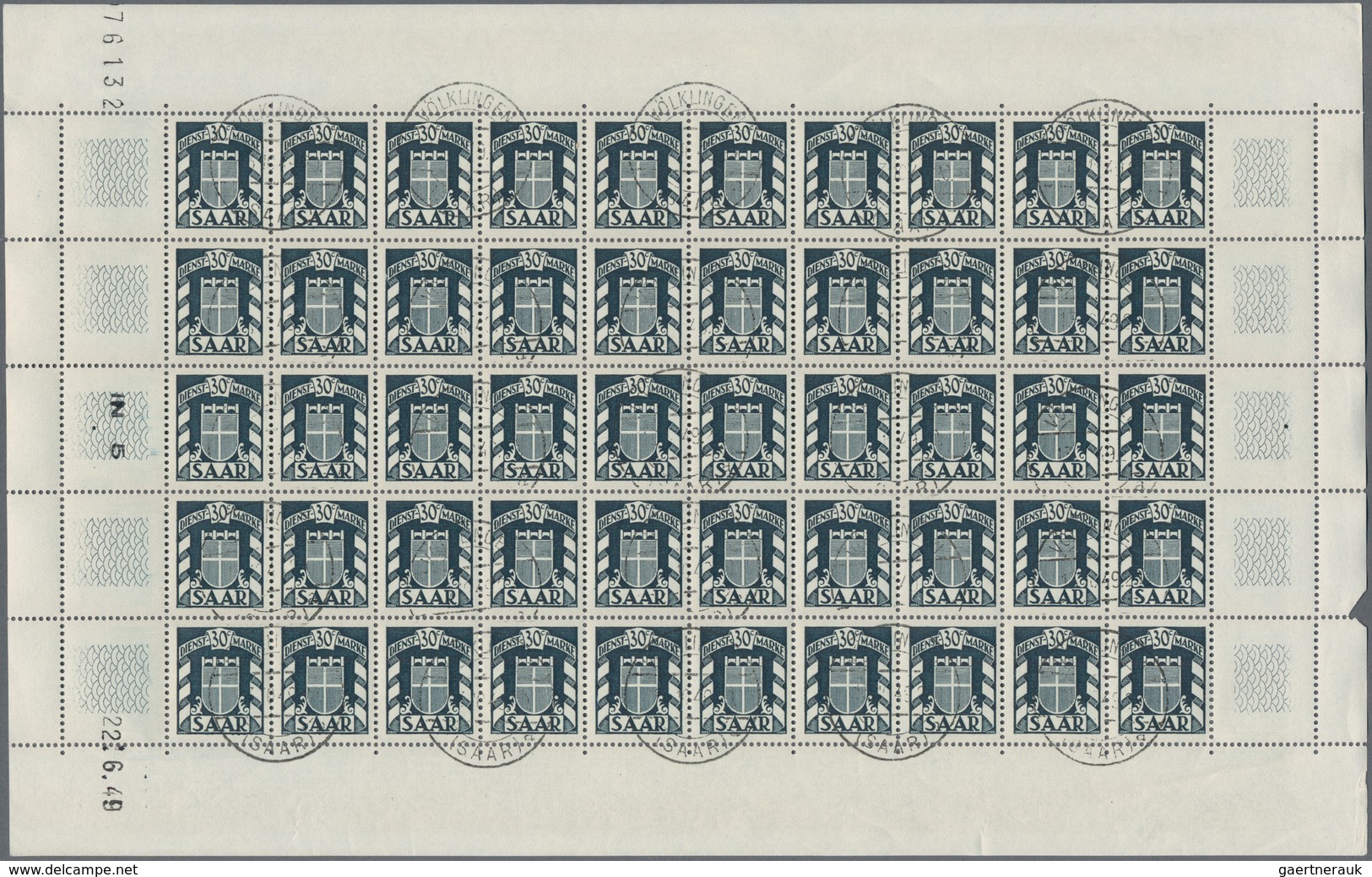 Saarland (1947/56) - Dienstmarken: 1949, 30 C. Grünlichschwarz, 750 Werte In Bogen/-teilen, Je Als 4 - Otros & Sin Clasificación