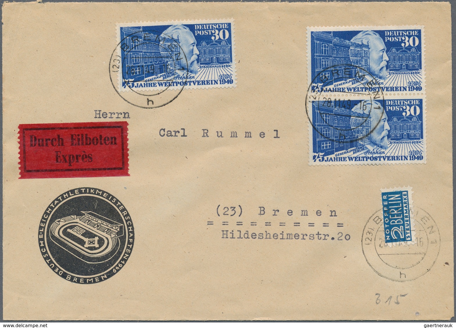 Bundesrepublik Deutschland: 1949/1950, 30 Pfg. UPU (MiNr. 116), Sammlung von 67 Briefen und Karten m