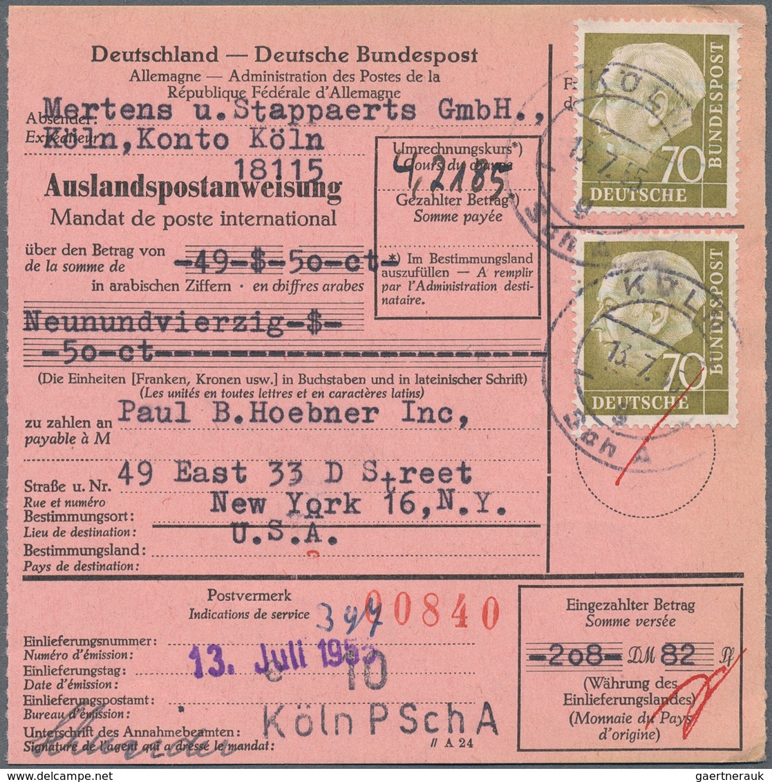 Bundesrepublik Deutschland: 1950er. Lot Von 600 Auslandspostanweisungen Und Postanweisungen Mit Post - Collections