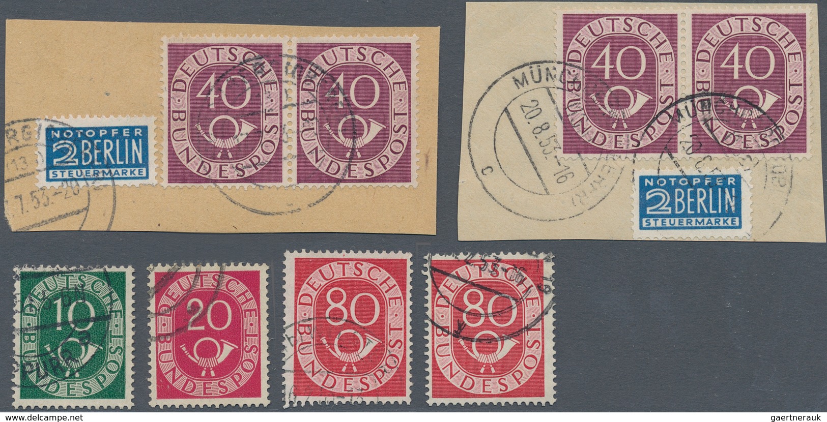 Bundesrepublik Deutschland: 1951/1953, Posthorn, saubere Spezialpartie: MiNr. 128 Z, 130 Z, zweimal