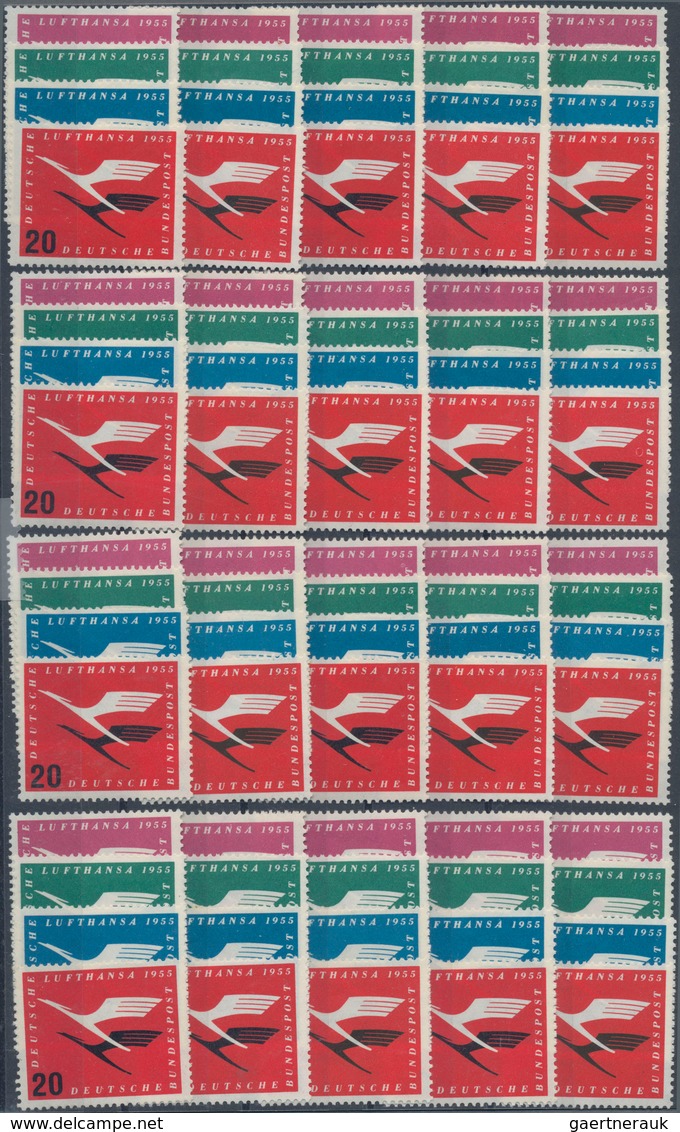 Bundesrepublik Deutschland: 1955, Deutsche Lufthansa 5-20 Pfg., 120 Postfrische Sätze (auf Plattenfe - Sammlungen